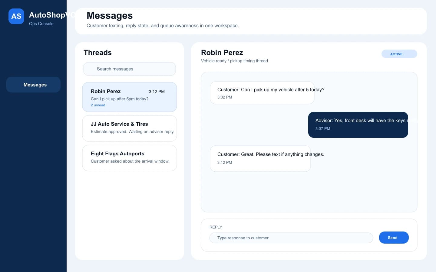 AutoShopVOIP messages workspace showing thread list, conversation detail, and a reply composer.