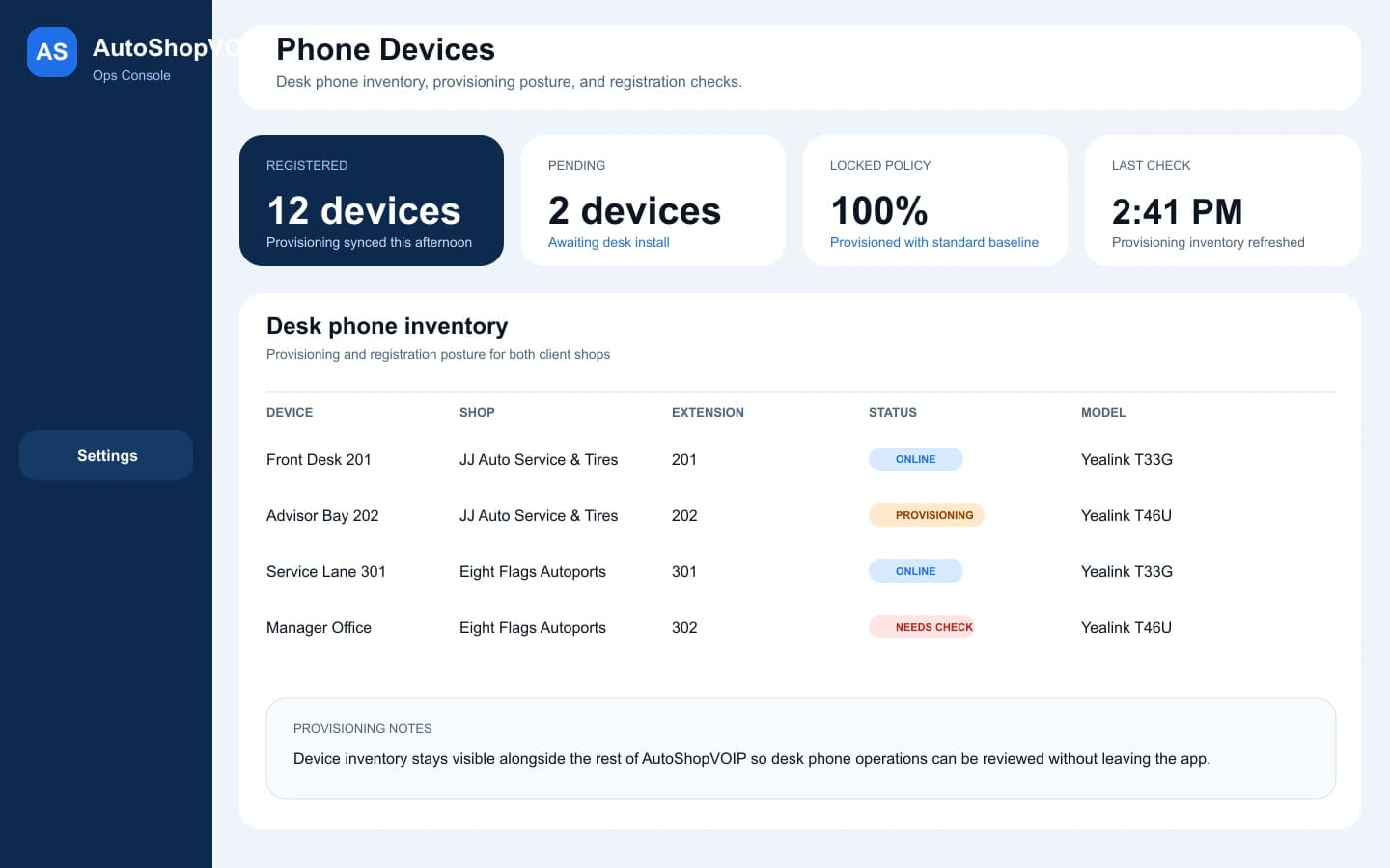 AutoShopVOIP phone operations view showing a device inventory table and provisioning status cards.